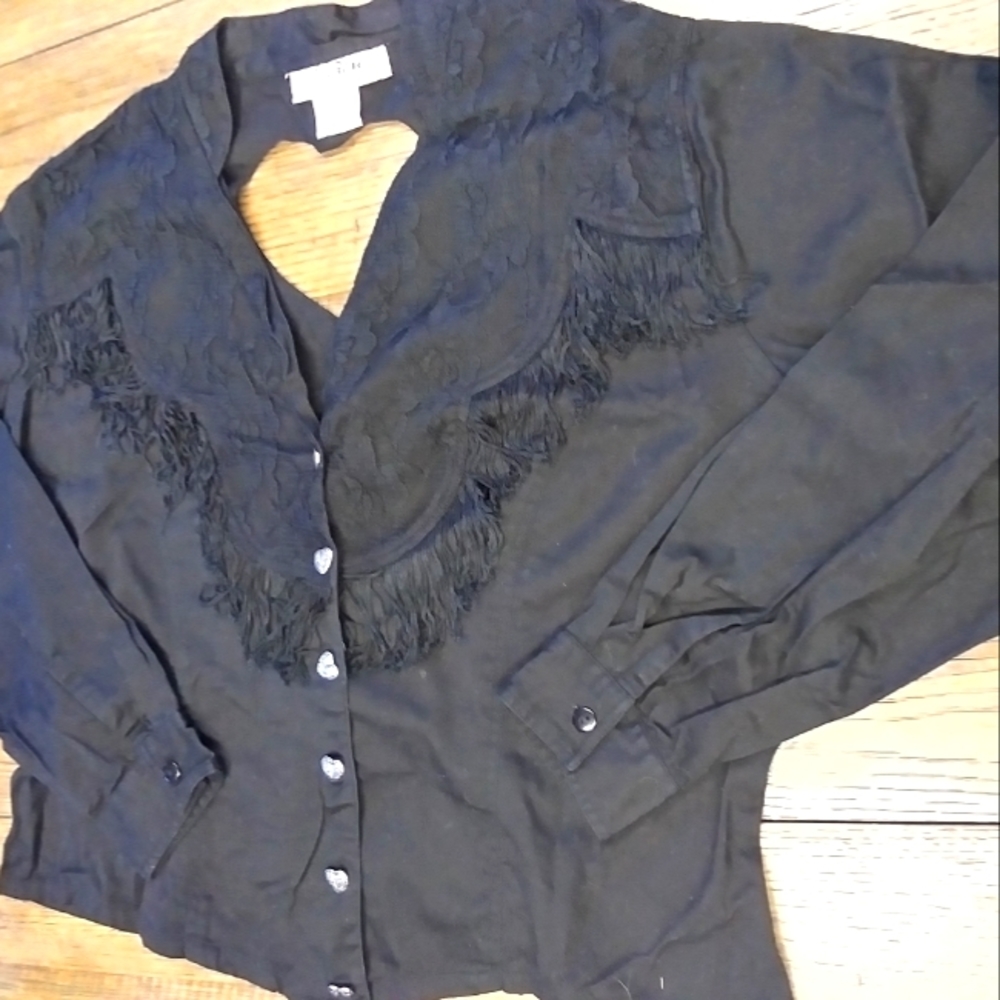 90s vtg black fringe honky tonk rockabilly top